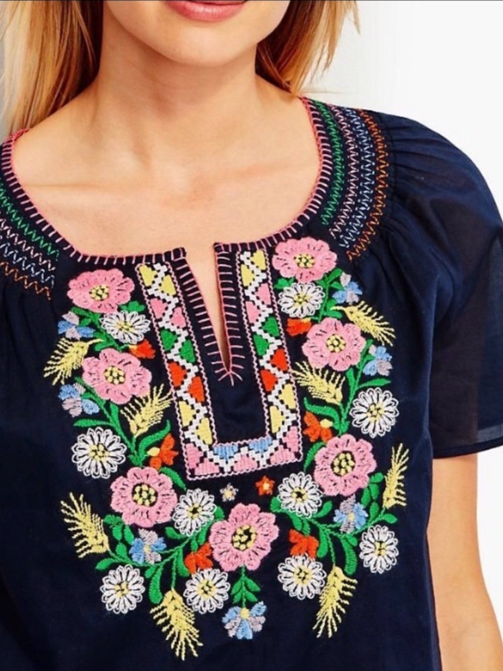 Talbots Embroidered Navy Blouse - M